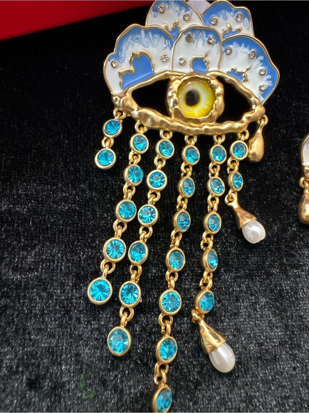 Schiaparelli inspired Eyelash Dangle Earrings - Gold Tone with blue crystals